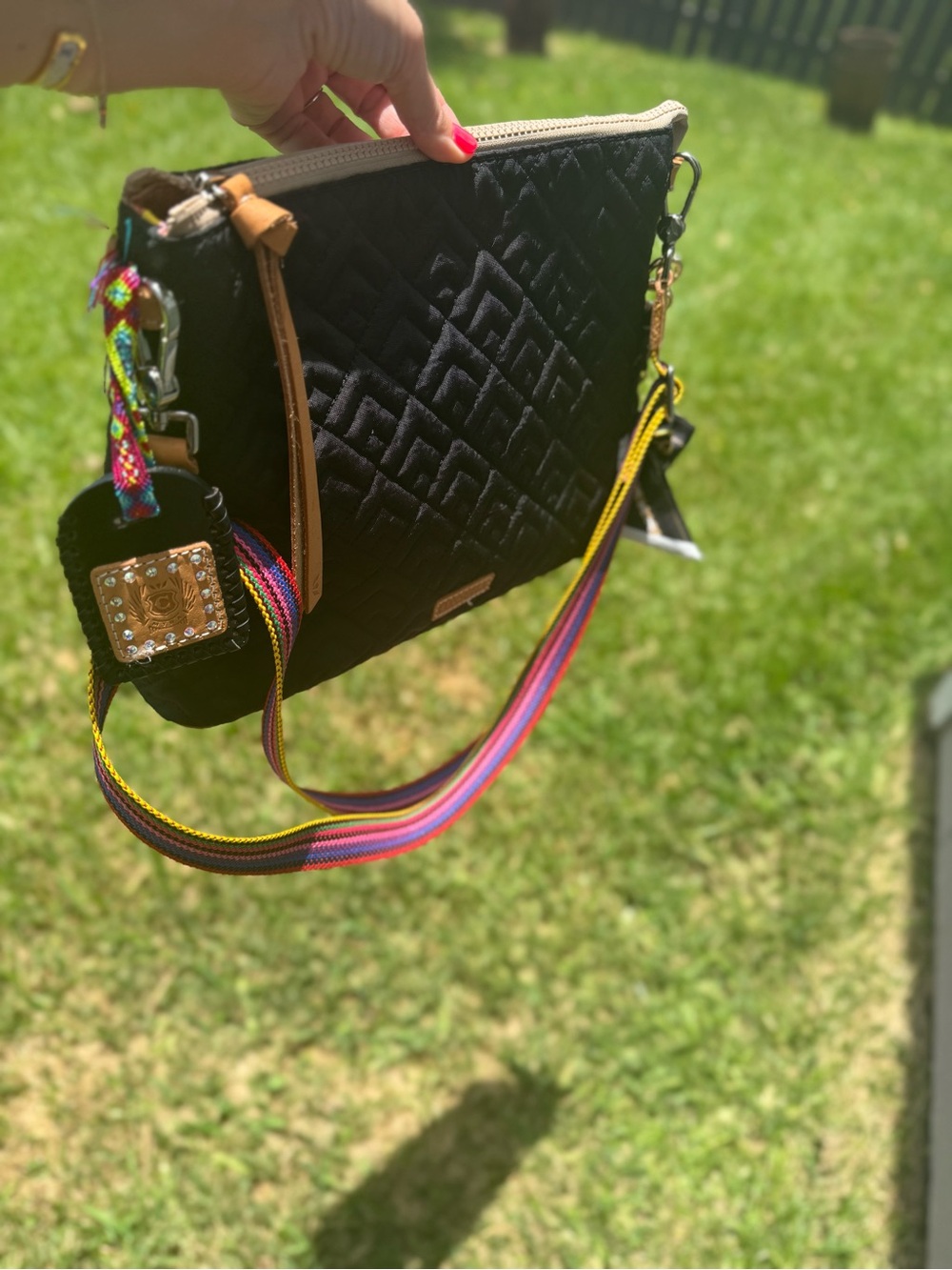 Consuela Black Quilted Crossbody Clutch Rainbow Strap EUC + Accessories - Picture 5 of 13